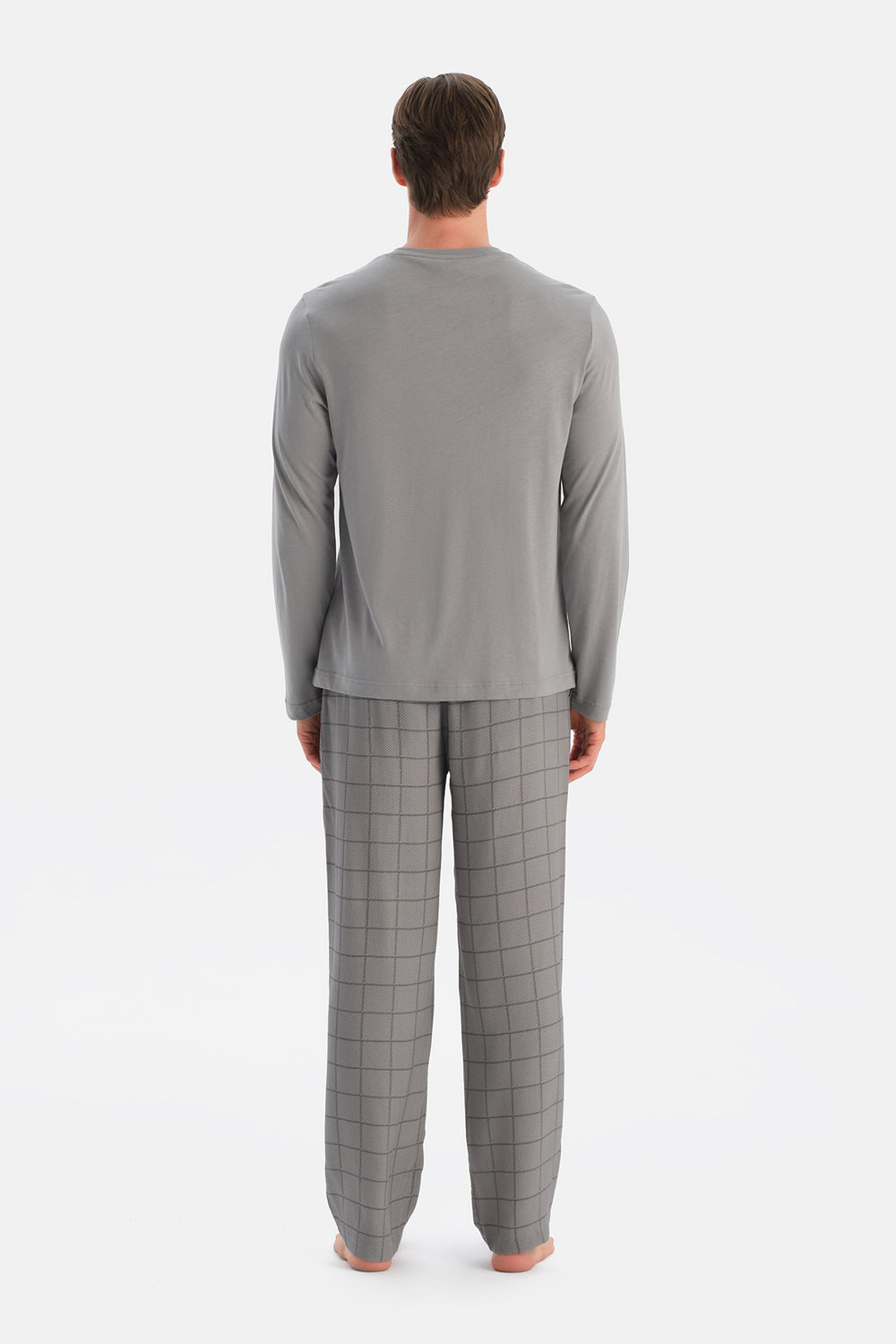 Gri Melanj Uzun Kollu Pat Ve Cep Detaylı Tişört Pantolon Takım