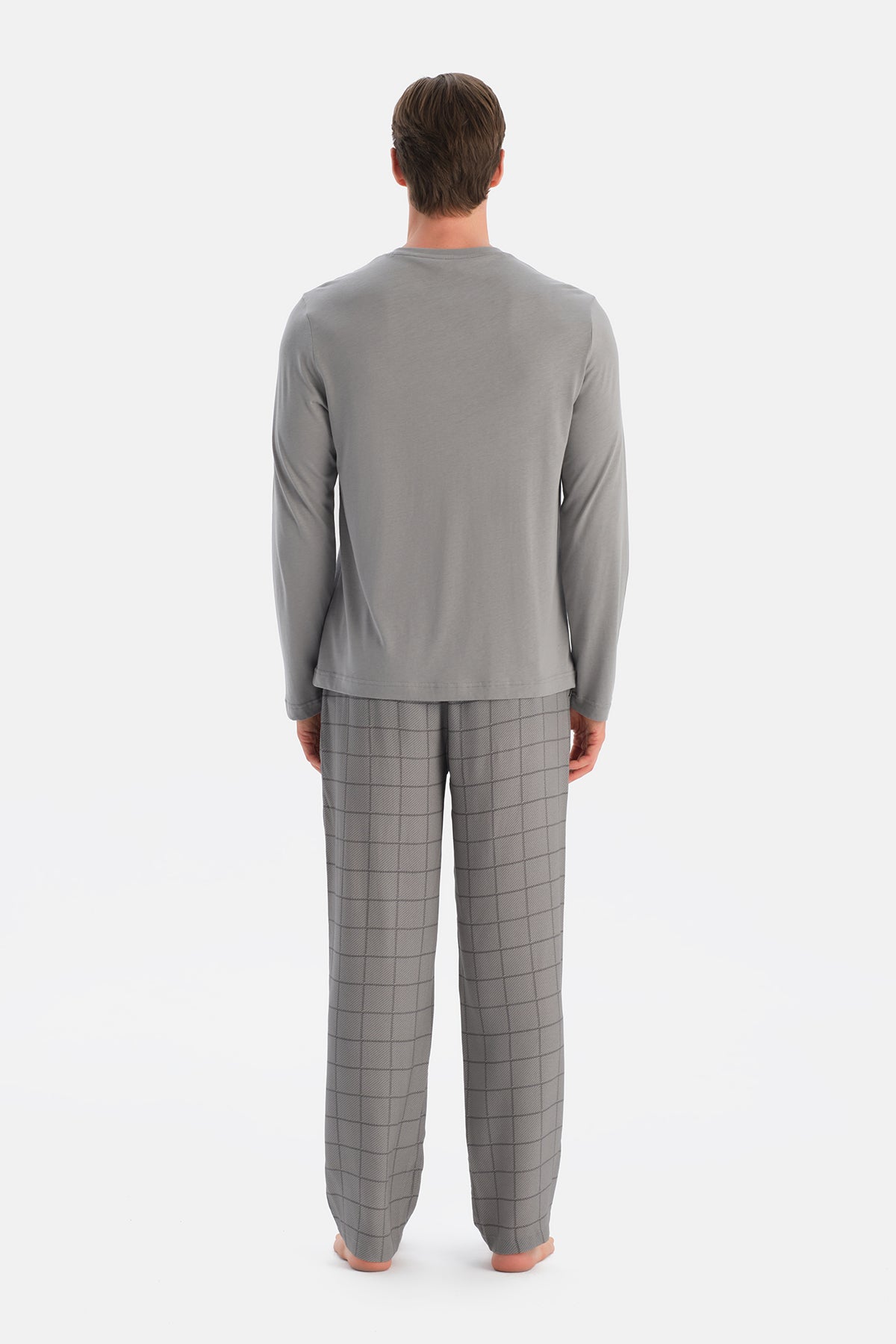 Gri Melanj Uzun Kollu Pat Ve Cep Detaylı Tişört Pantolon Takım