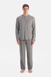 Gri Melanj Uzun Kollu Pat Ve Cep Detaylı Tişört Pantolon Takım