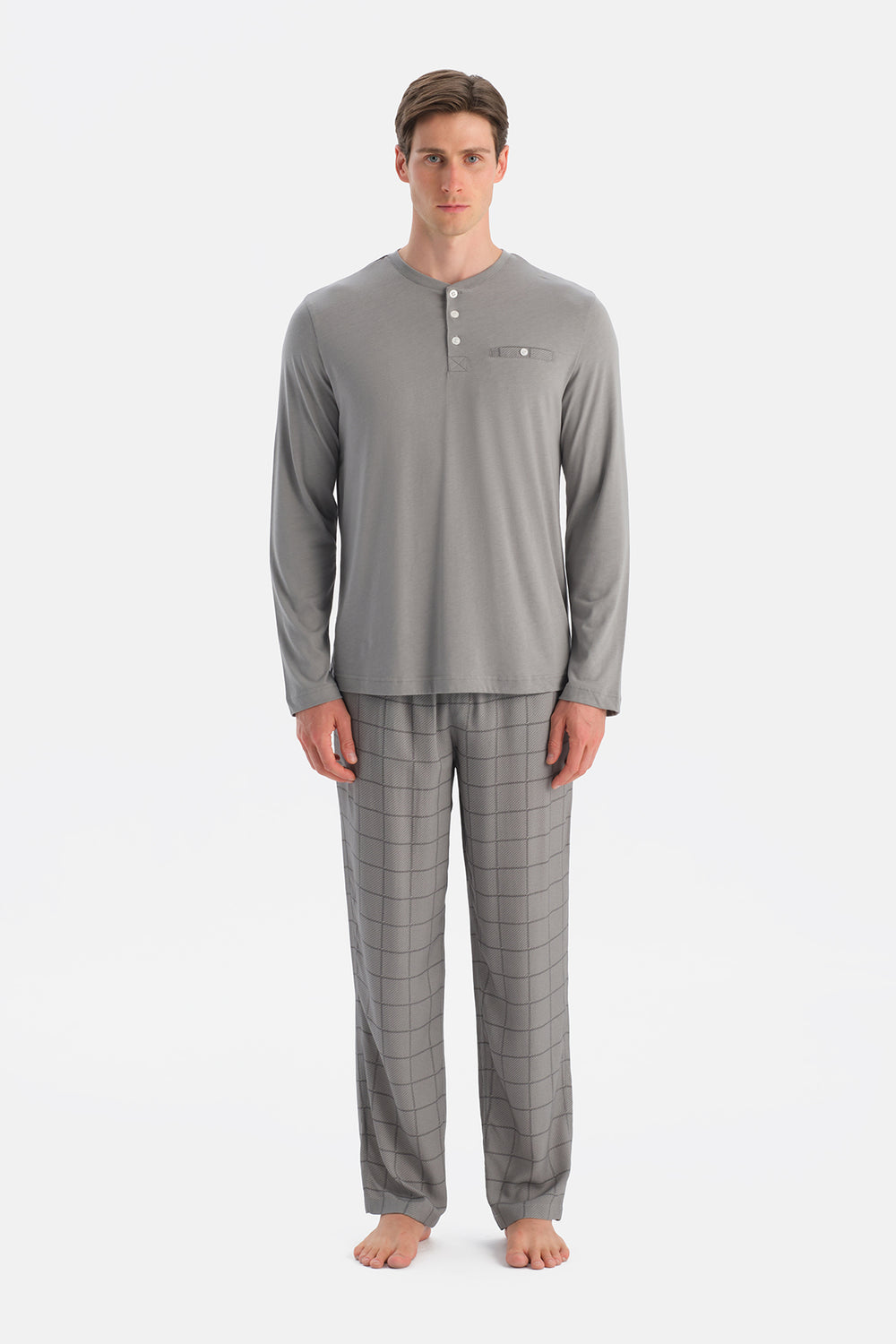 Gri Melanj Uzun Kollu Pat Ve Cep Detaylı Tişört Pantolon Takım