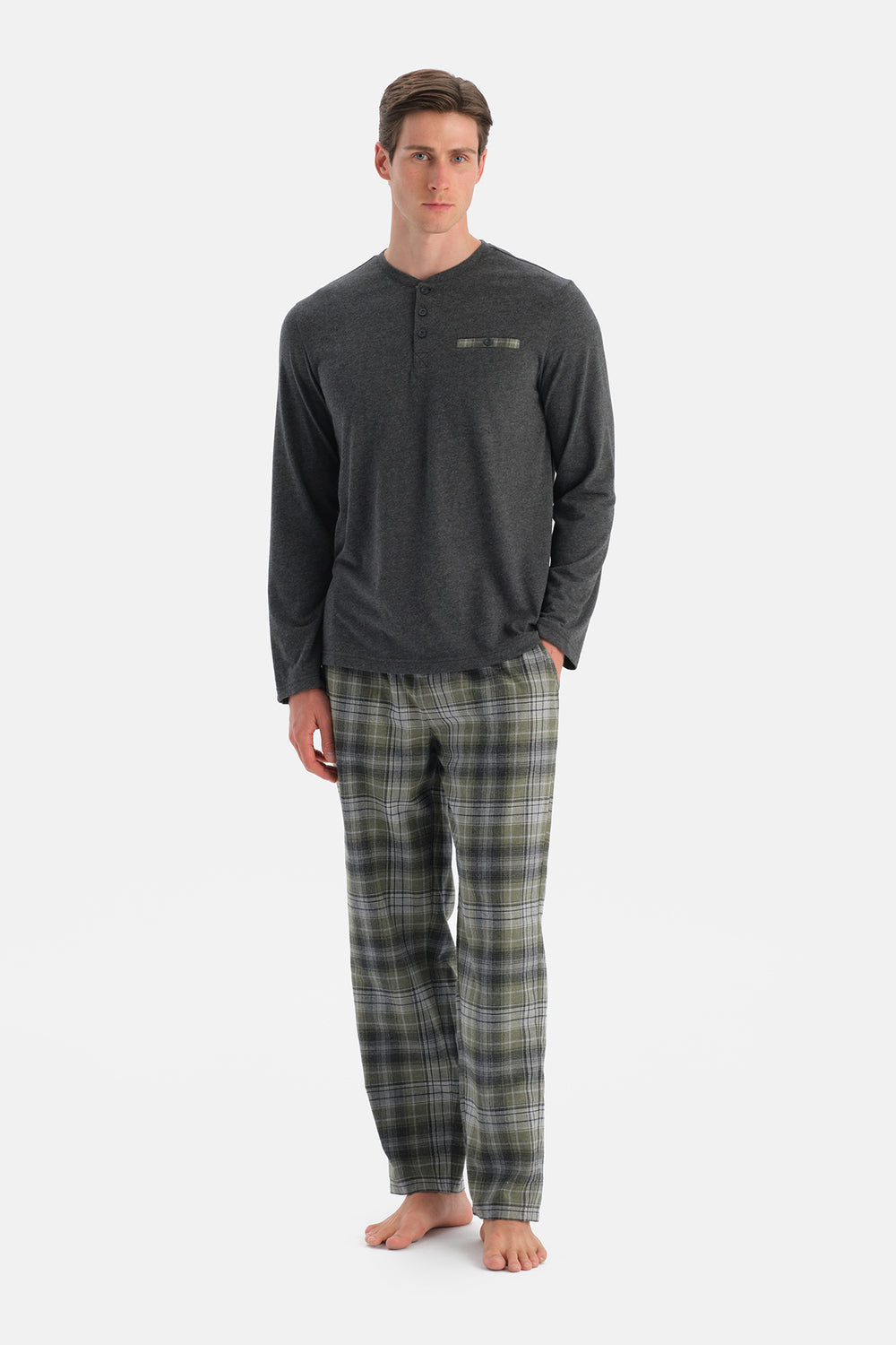 Antrasit Melanj Uzun Kollu Pat ve Cep Detaylı Tişört Pantolon Takım