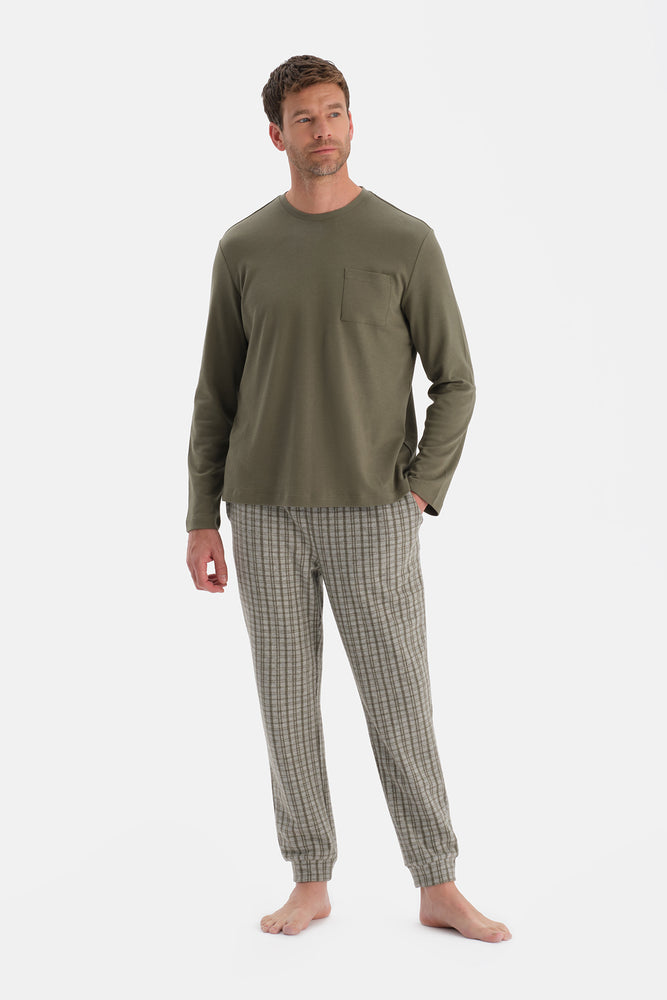 Yeşil Bisiklet Yaka Uzun Kollu Pijama Takım