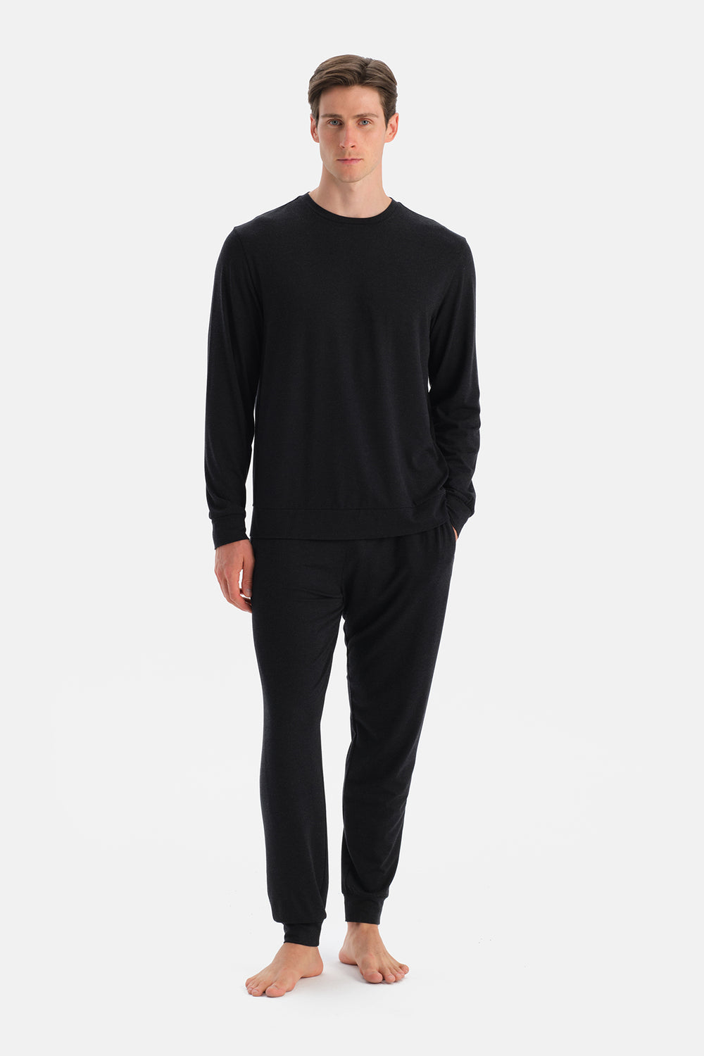 Antrasit Melanj Kol ve Etek Ucu Bantlı Tişört Pantolon Takım