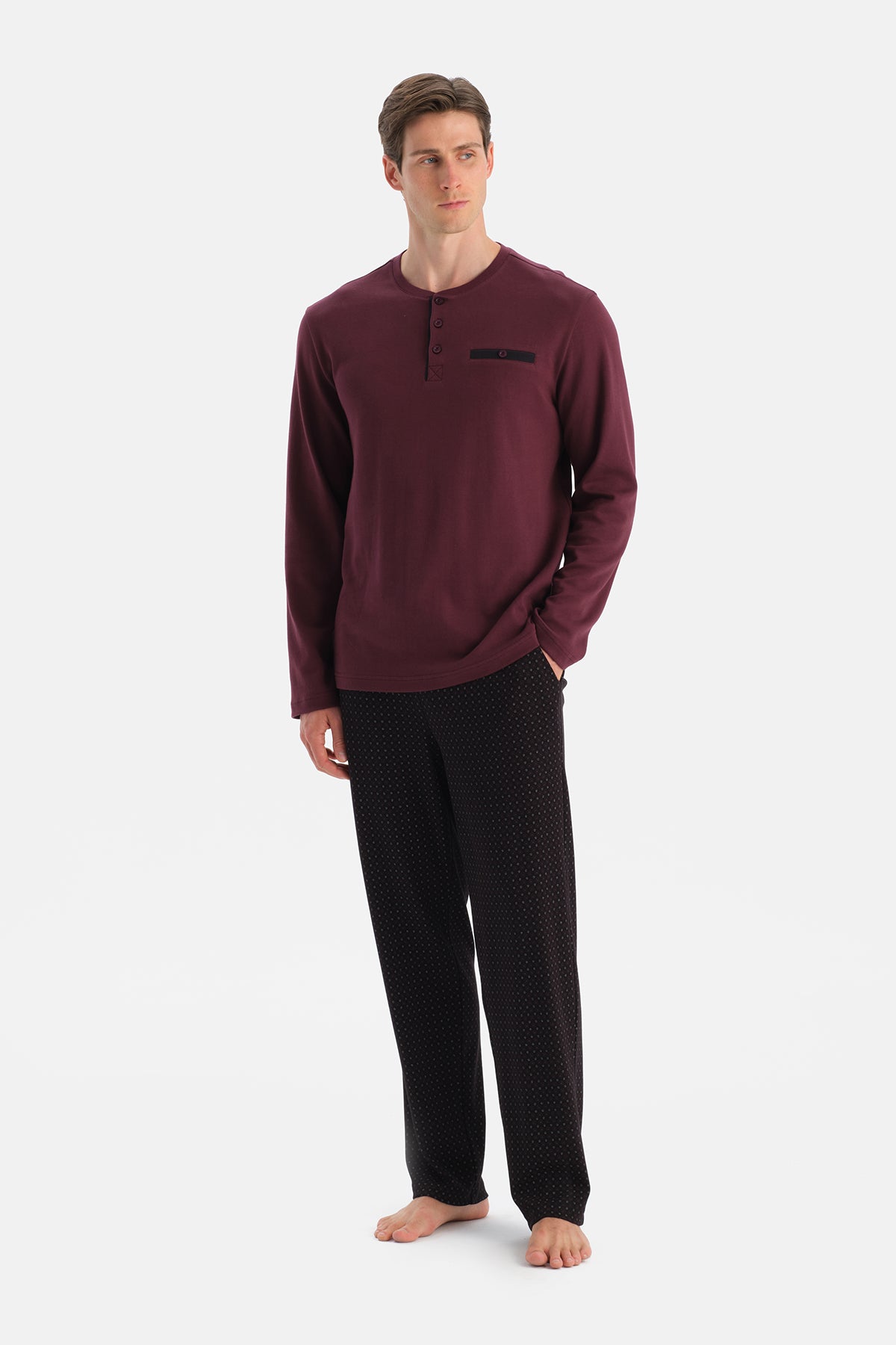 Bordo Uzun Kollu Cep Detaylı Tişört Pantolon Takım