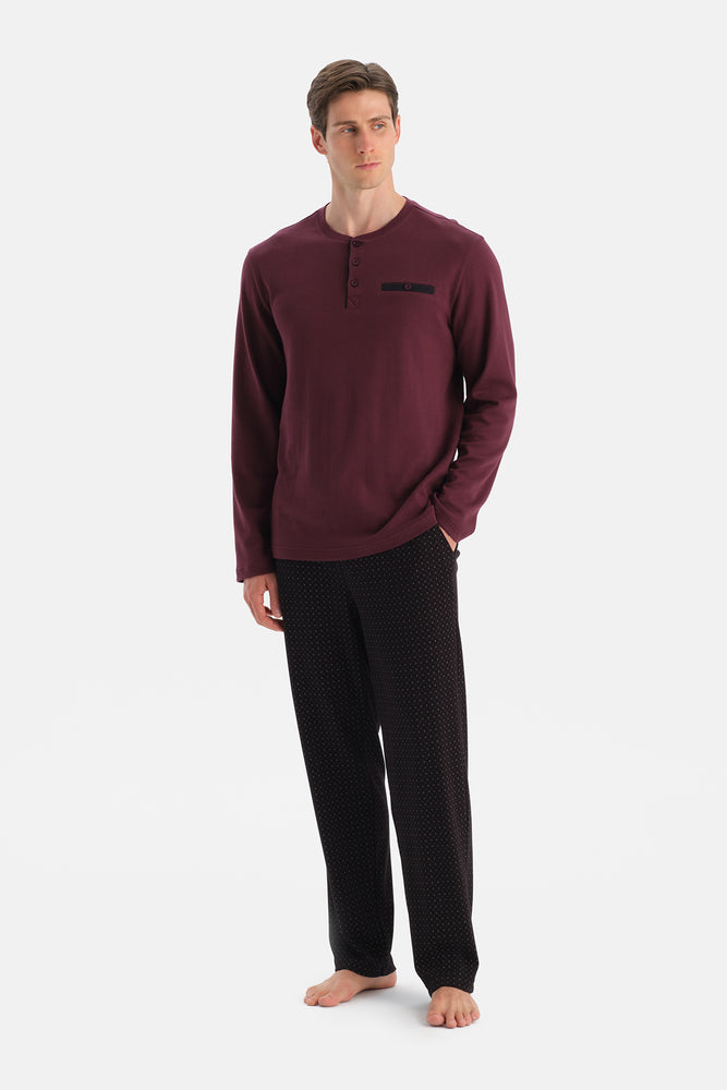 Bordo Uzun Kollu Cep Detaylı Tişört Pantolon Takım