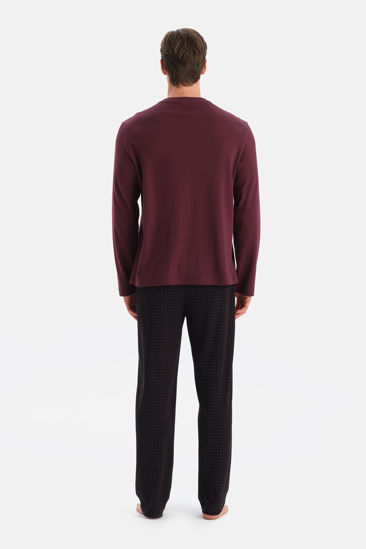 Bordo Uzun Kollu Cep Detaylı Tişört Pantolon Takım