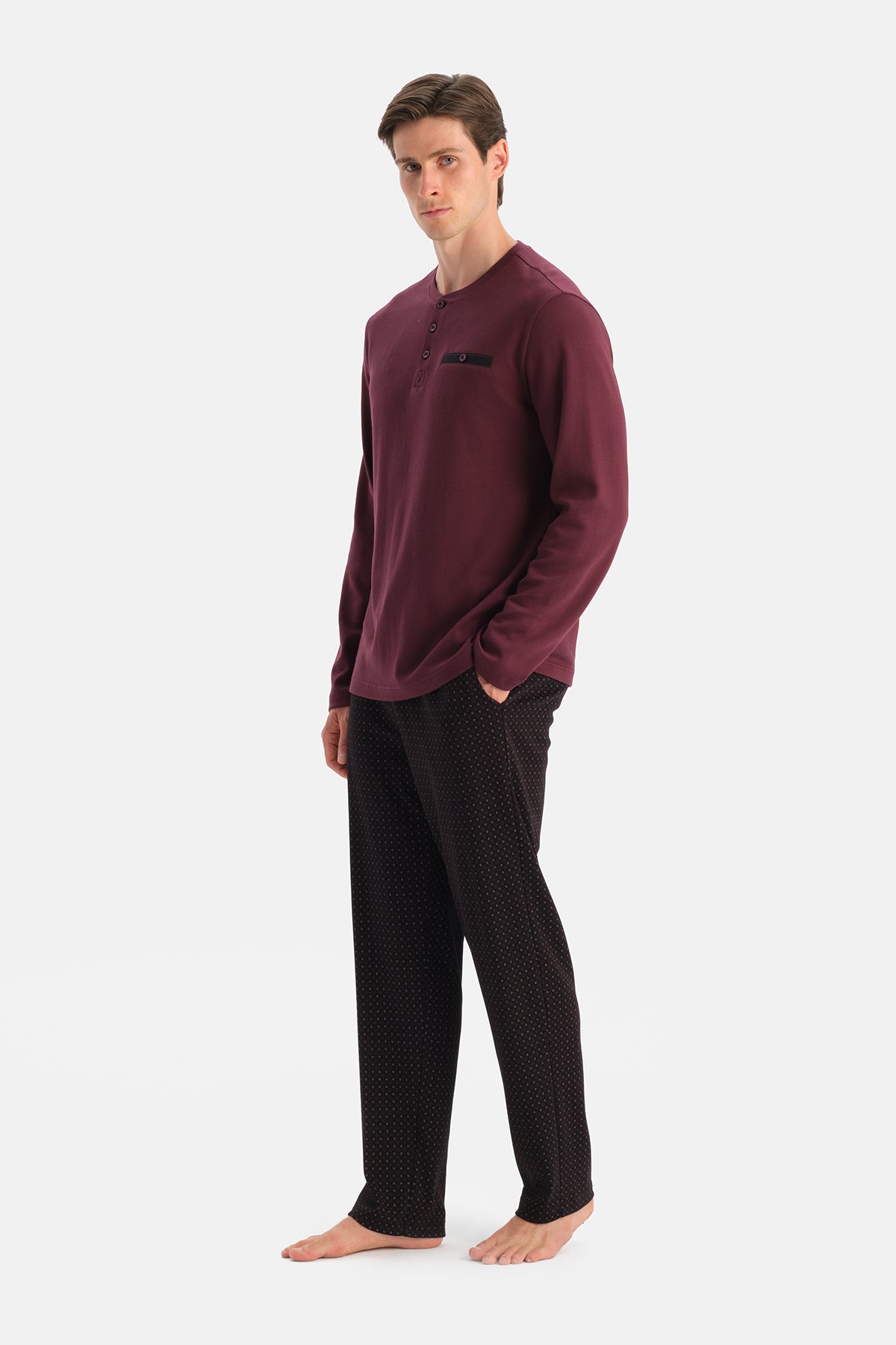 Bordo Uzun Kollu Cep Detaylı Tişört Pantolon Takım