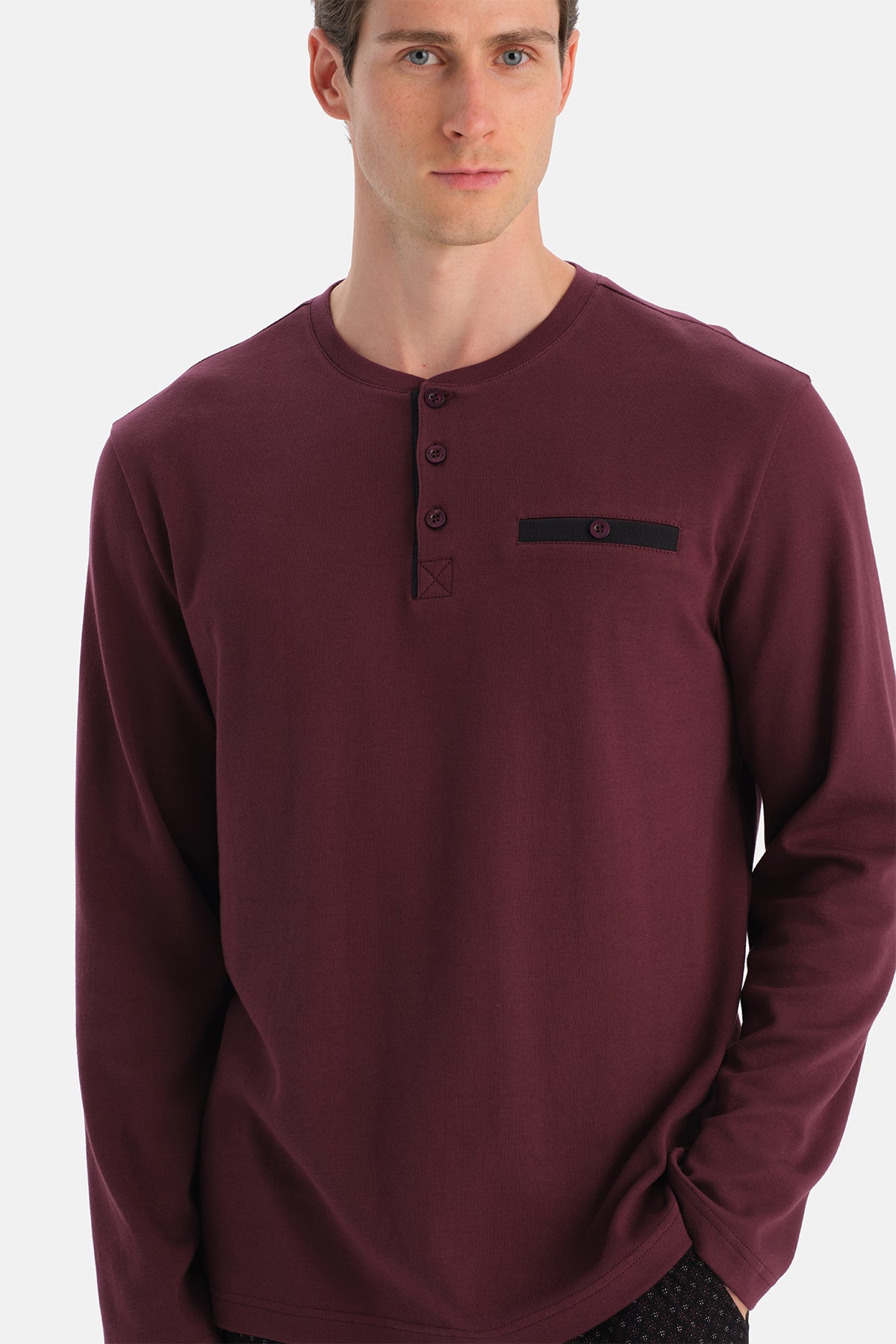 Bordo Uzun Kollu Cep Detaylı Tişört Pantolon Takım