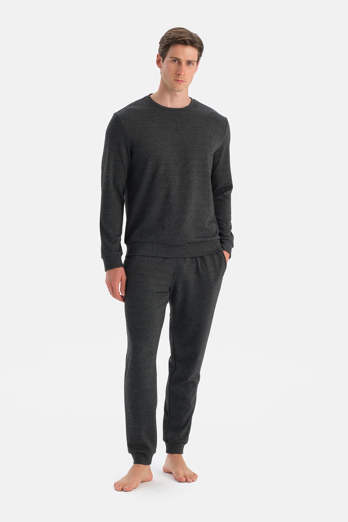 Antrasit Melanj Uzun Kollu Bisiklet Yaka Tişört Pantolon Takım