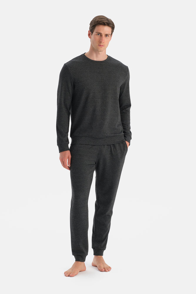 Antrasit Melanj Uzun Kollu Bisiklet Yaka Tişört Pantolon Takım