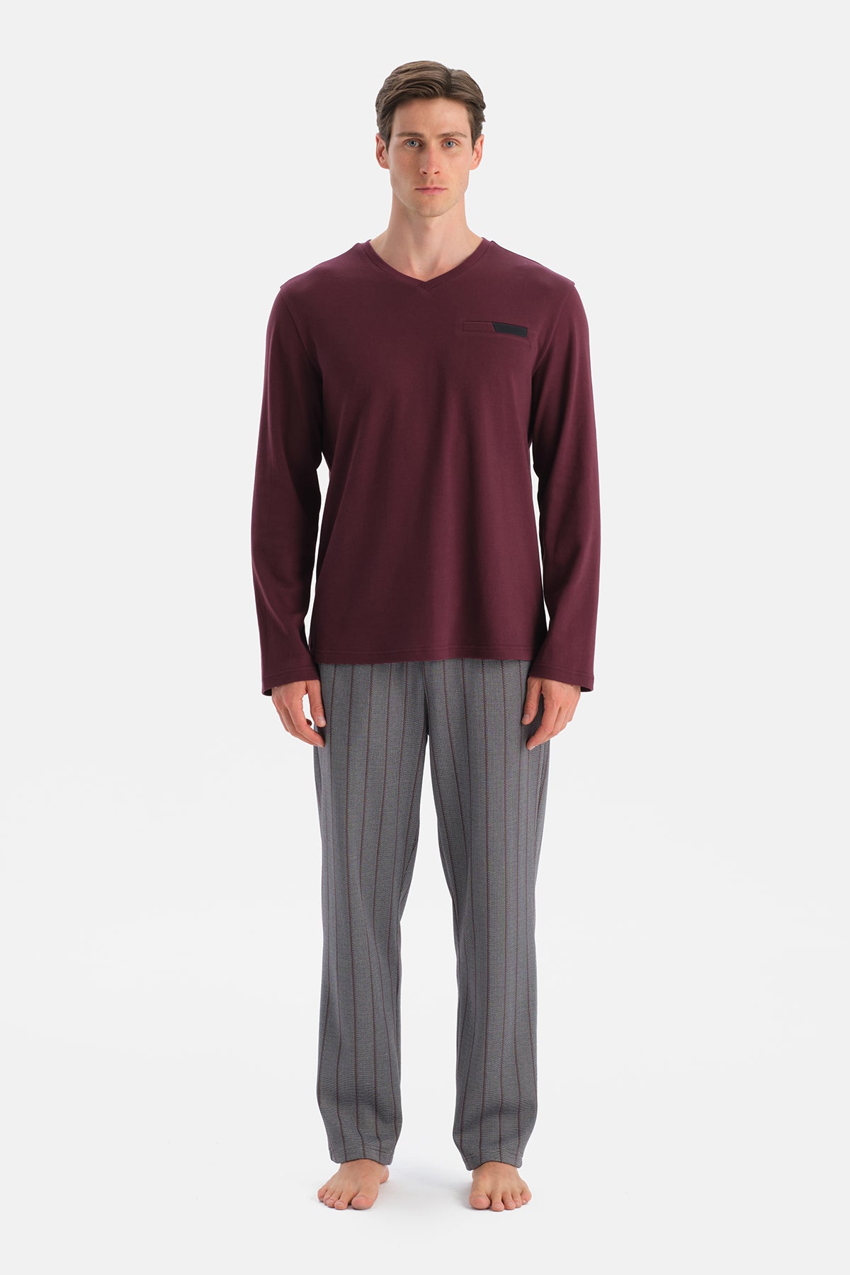 Bordo Uzun Kollu V Yaka Tişört Pantolon Takım