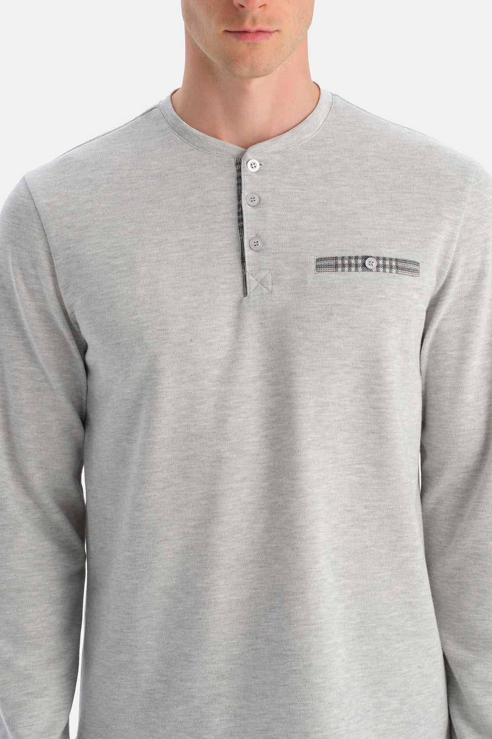 Gri Melanj Uzun Kollu Cep Detaylı Tişört Pantolon Takım