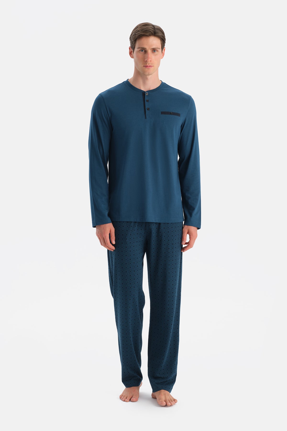 Mavi Uzun Kollu Pat Ve Cep Detaylı Üçlü Takım