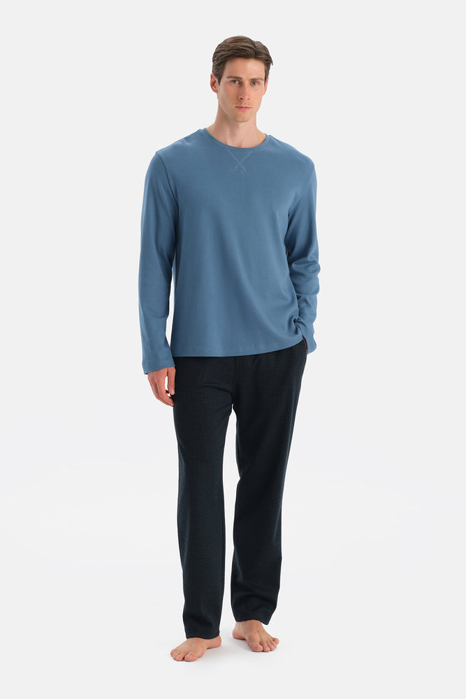 Mavi Uzun Kollu Bisiklet Yaka Tişört Pantolon Takım