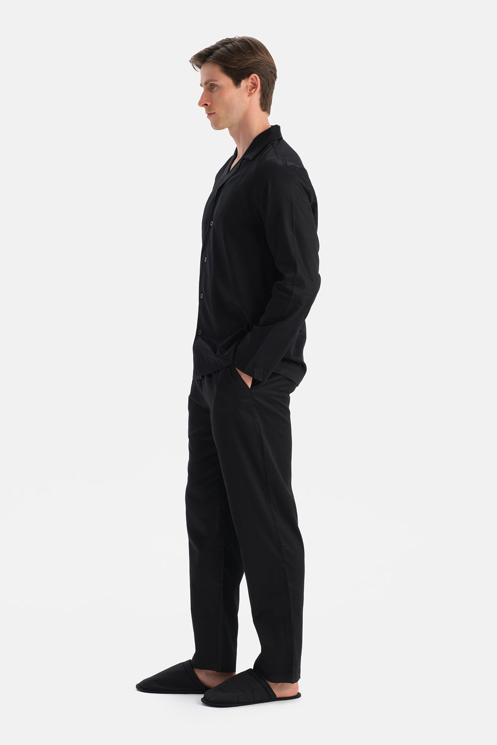 Siyah Travel Biye Detaylı Dokuma Gömlek Pantolon Pijama Seti