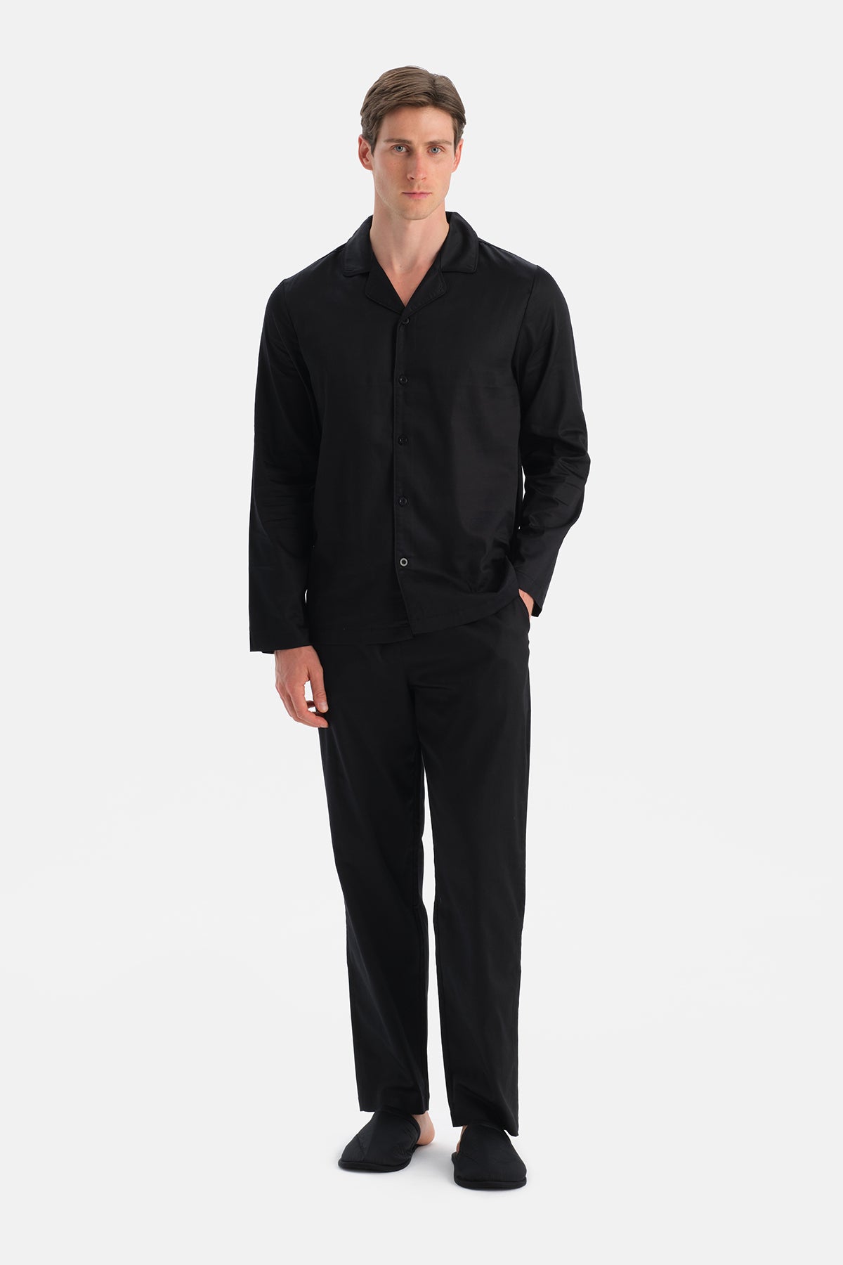 Siyah Travel Biye Detaylı Dokuma Gömlek Pantolon Pijama Seti