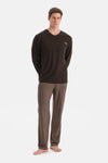 Koyu Kahve Travel Pamuk Modal Tişört Pantolon Pijama Seti