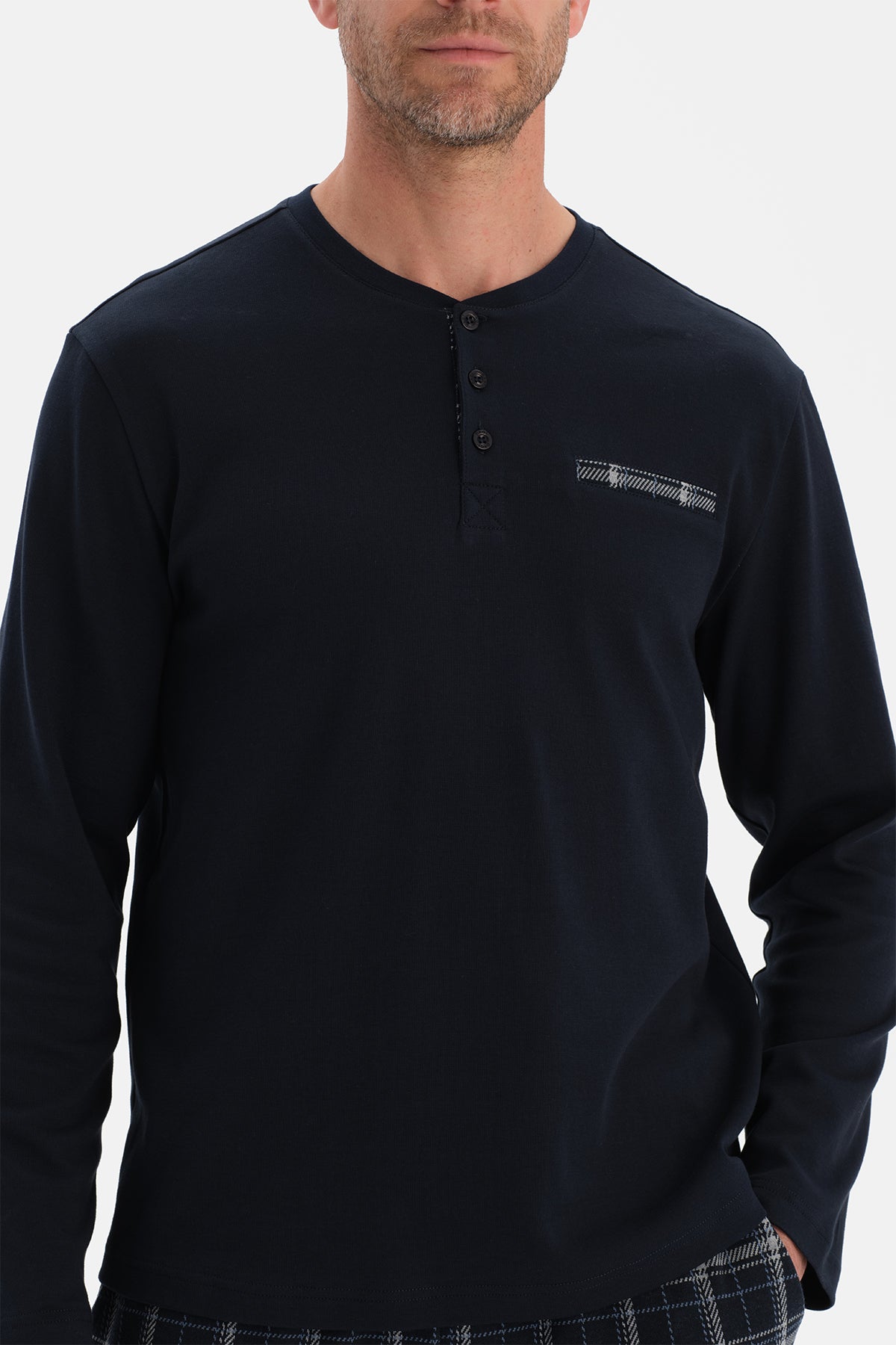 Lacivert Uzun Kollu Pat Ve Cep Detaylı Pijama Takım