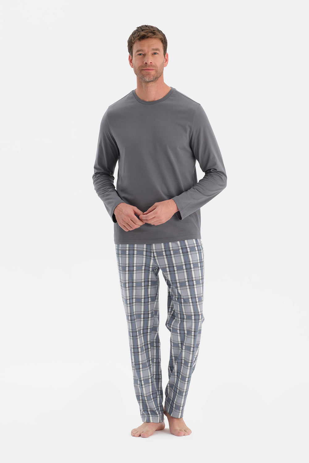 Gri Bisiklet Yaka Uzun Kollu Pijama Takım