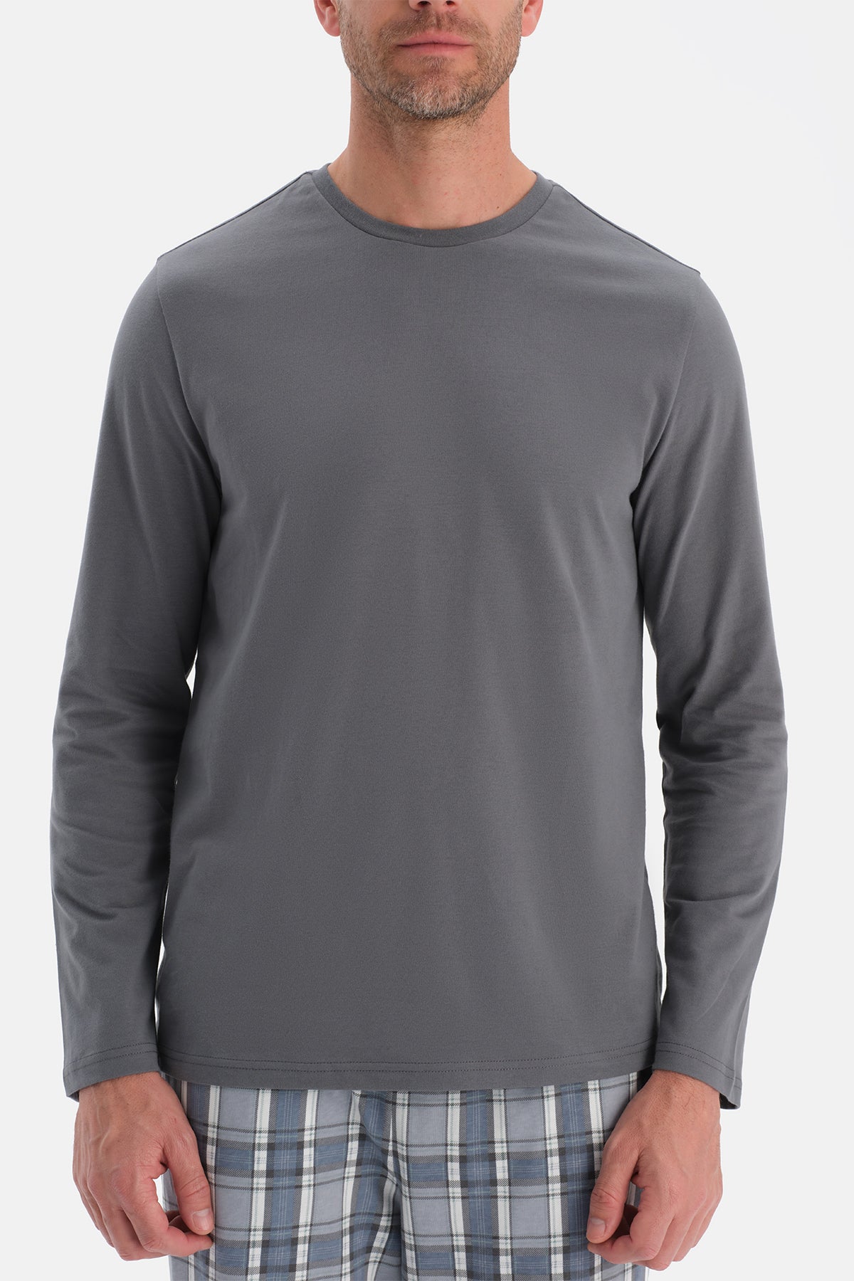 Gri Bisiklet Yaka Uzun Kollu Pijama Takım