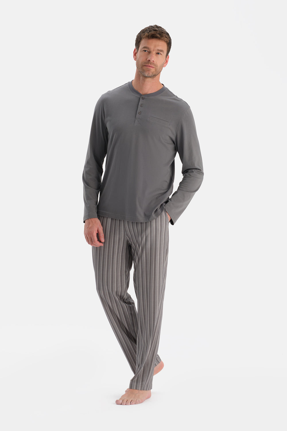 Gri Uzun Kollu Üçlü Pijama Takım