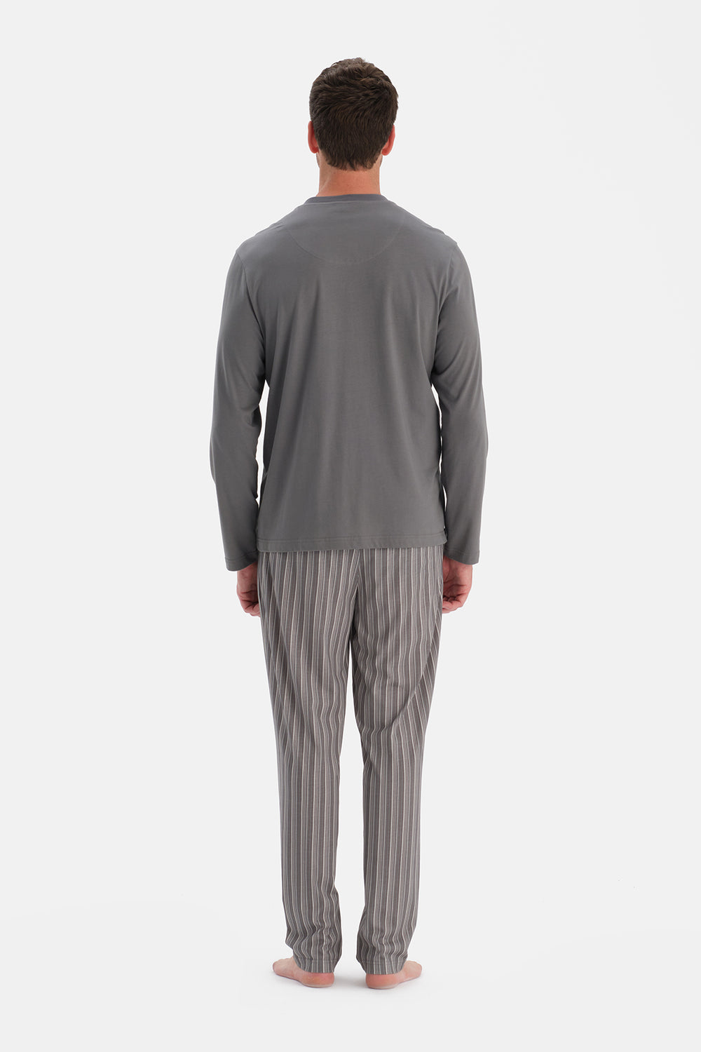 Gri Uzun Kollu Üçlü Pijama Takım