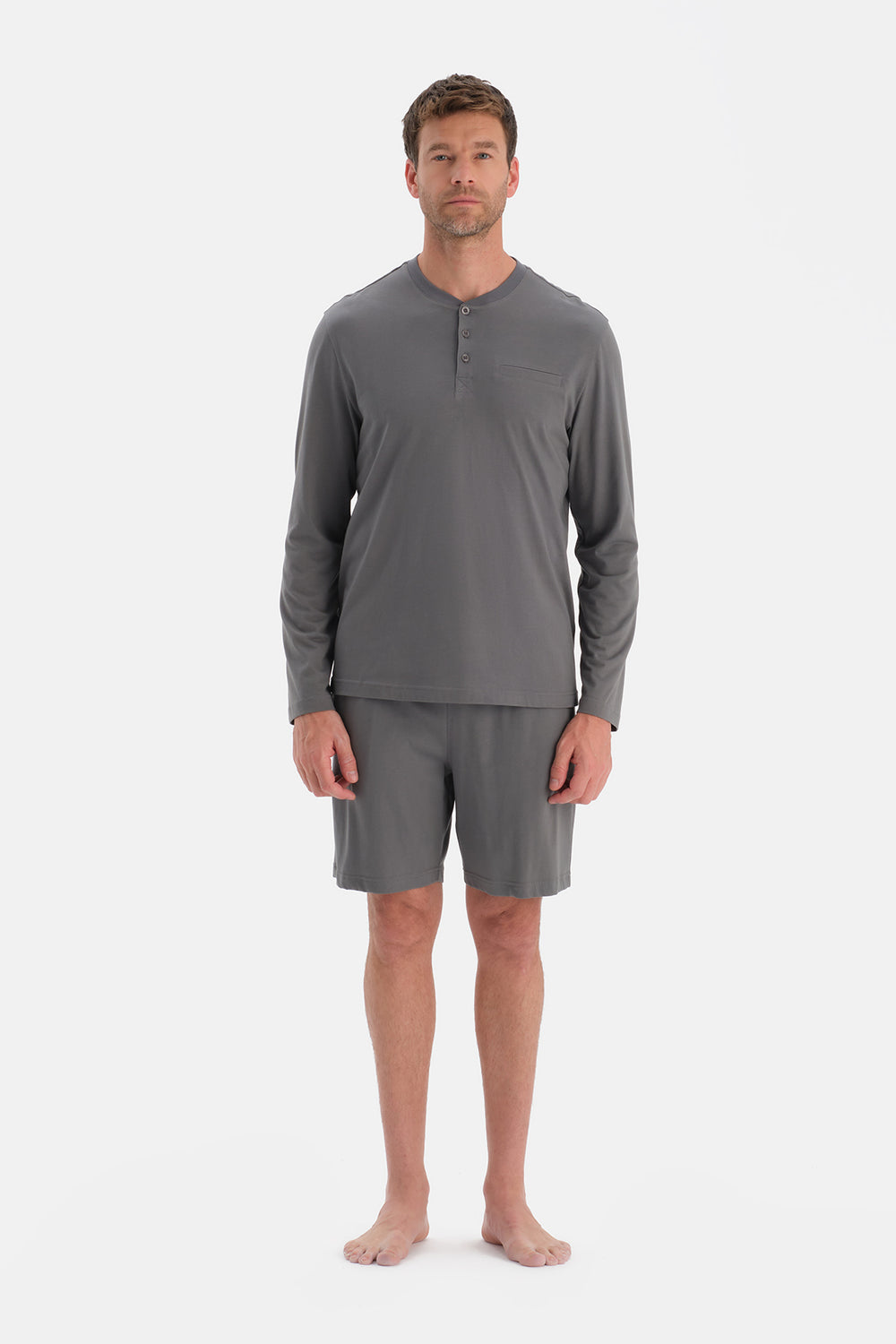 Gri Uzun Kollu Üçlü Pijama Takım