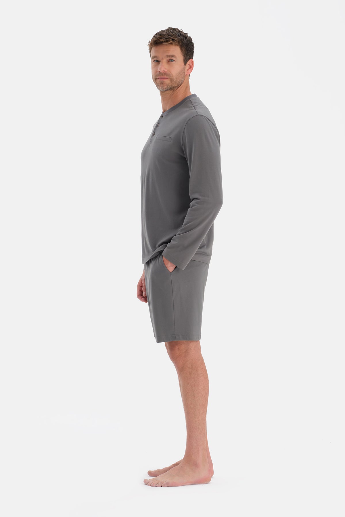 Gri Uzun Kollu Üçlü Pijama Takım