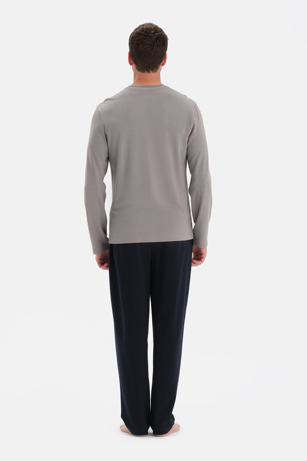 Gri Bisiklet Yaka Uzun Kollu Pijama Takım