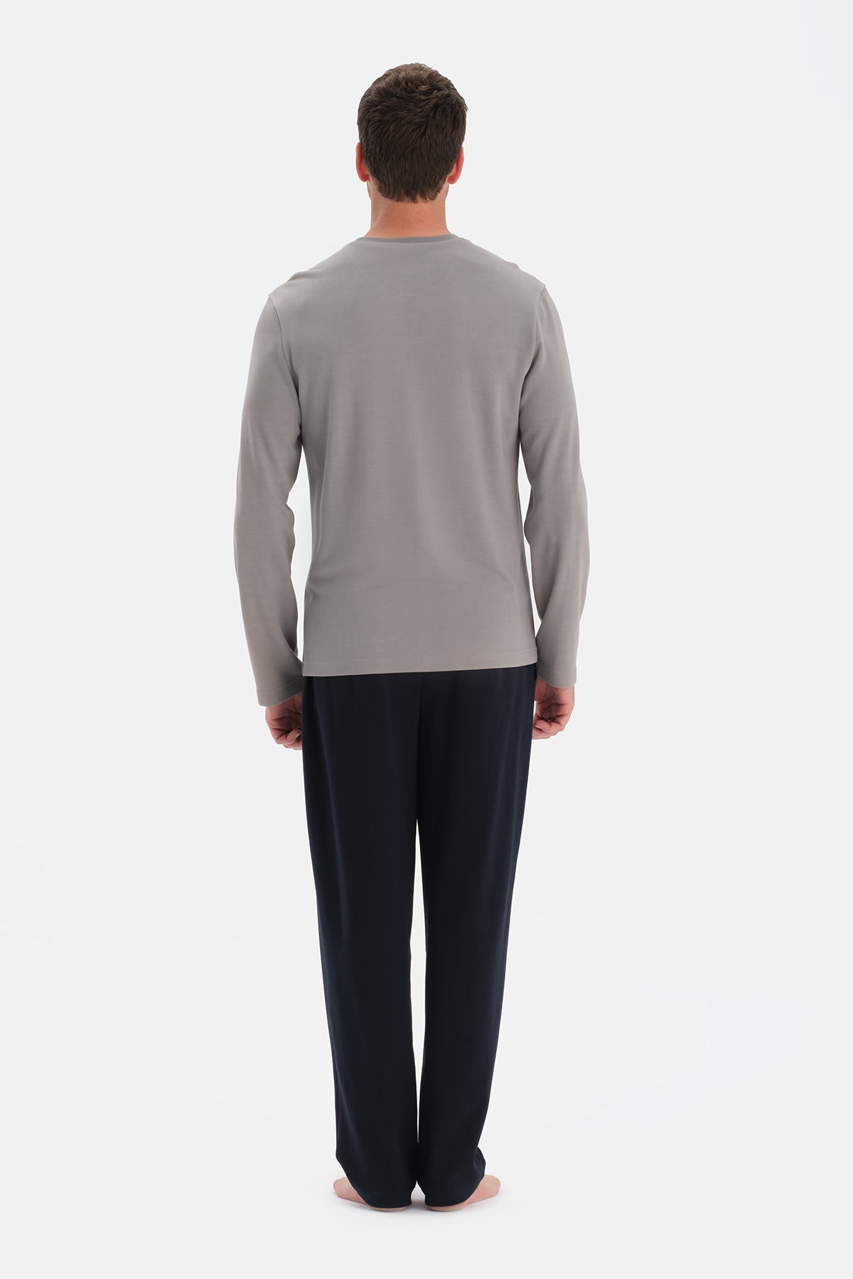 Gri Bisiklet Yaka Uzun Kollu Pijama Takım