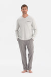 Açık Gri V Yaka Uzun Kollu Pijama Takım
