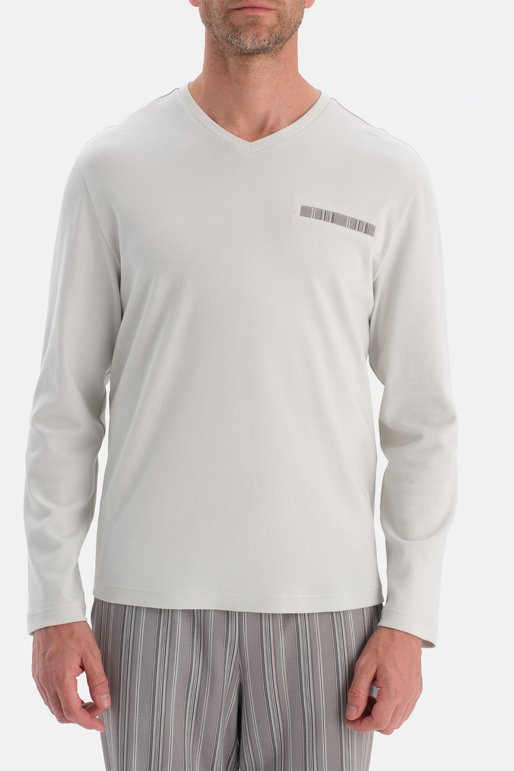 Açık Gri V Yaka Uzun Kollu Pijama Takım