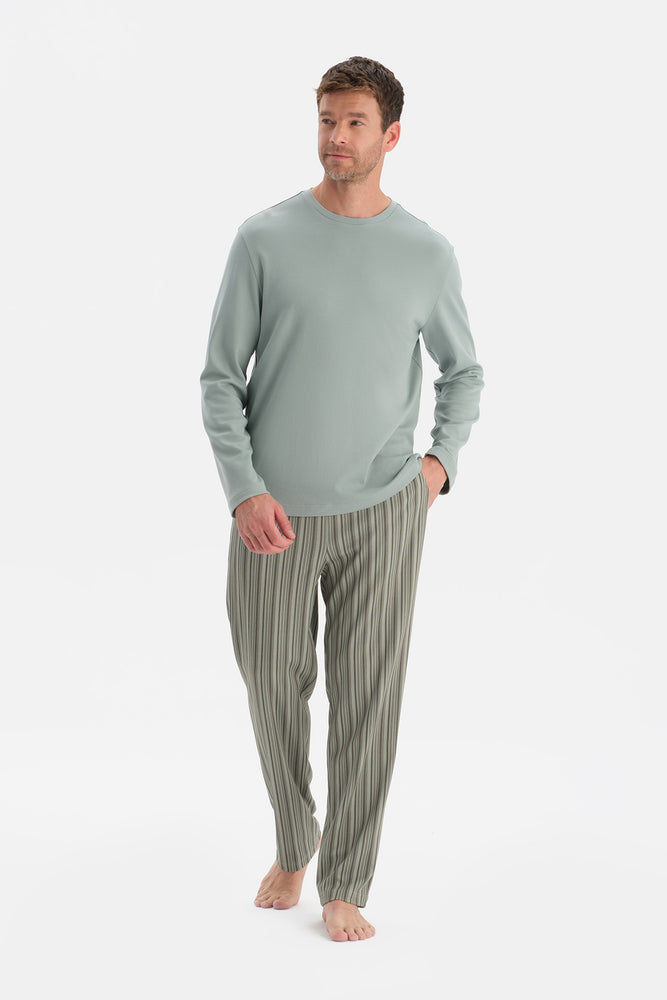 Mint Yeşili Bisiklet Yaka Uzun Kollu Pijama Takım