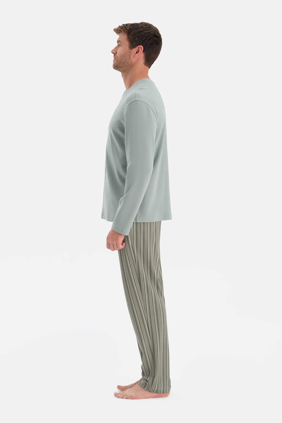 Mint Yeşili Bisiklet Yaka Uzun Kollu Pijama Takım