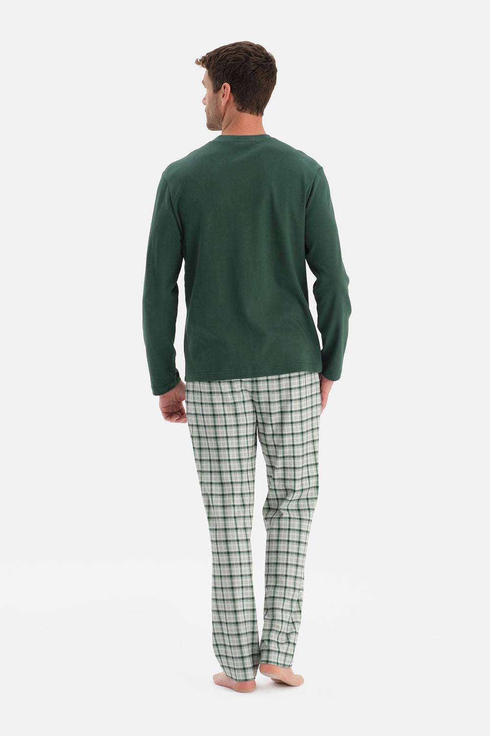 Koyu Yeşil Uzun Kollu Pat Ve Cep Detaylı Pijama Takım