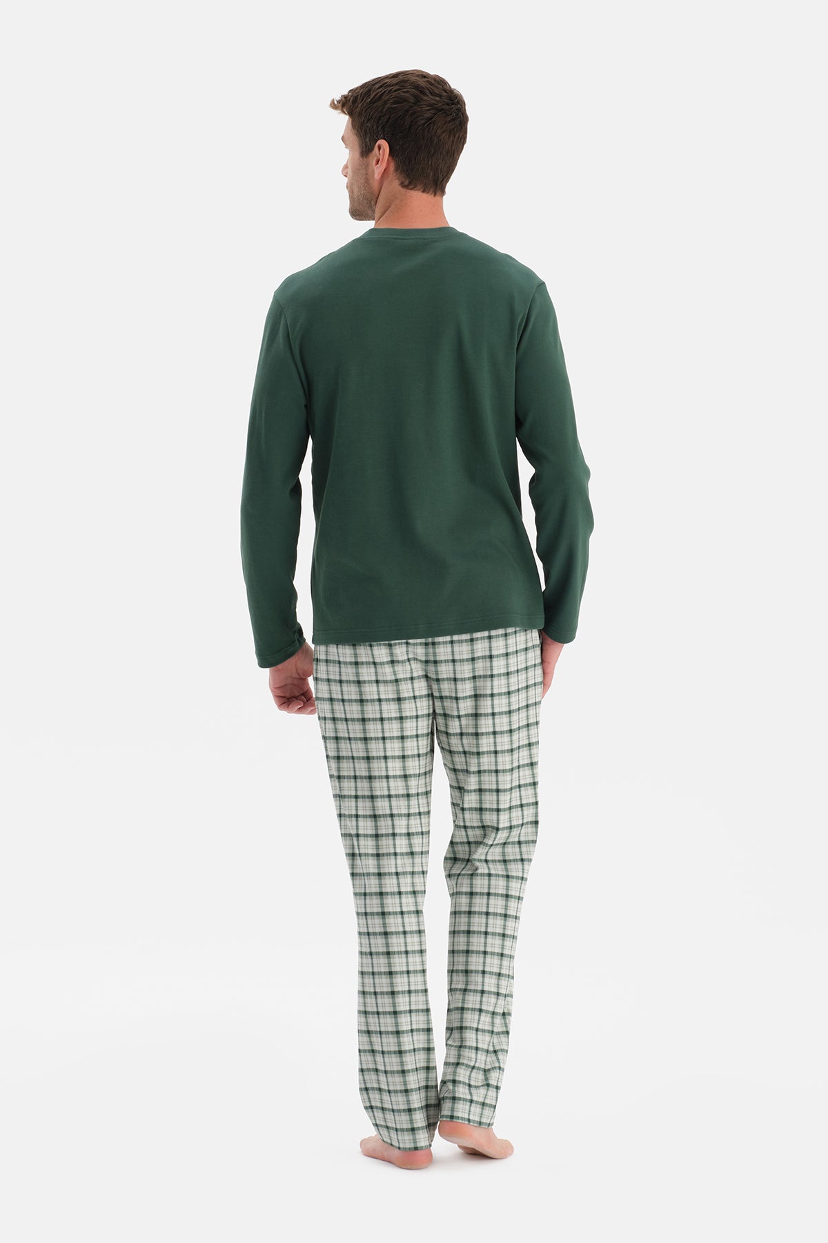 Koyu Yeşil Uzun Kollu Pat Ve Cep Detaylı Pijama Takım