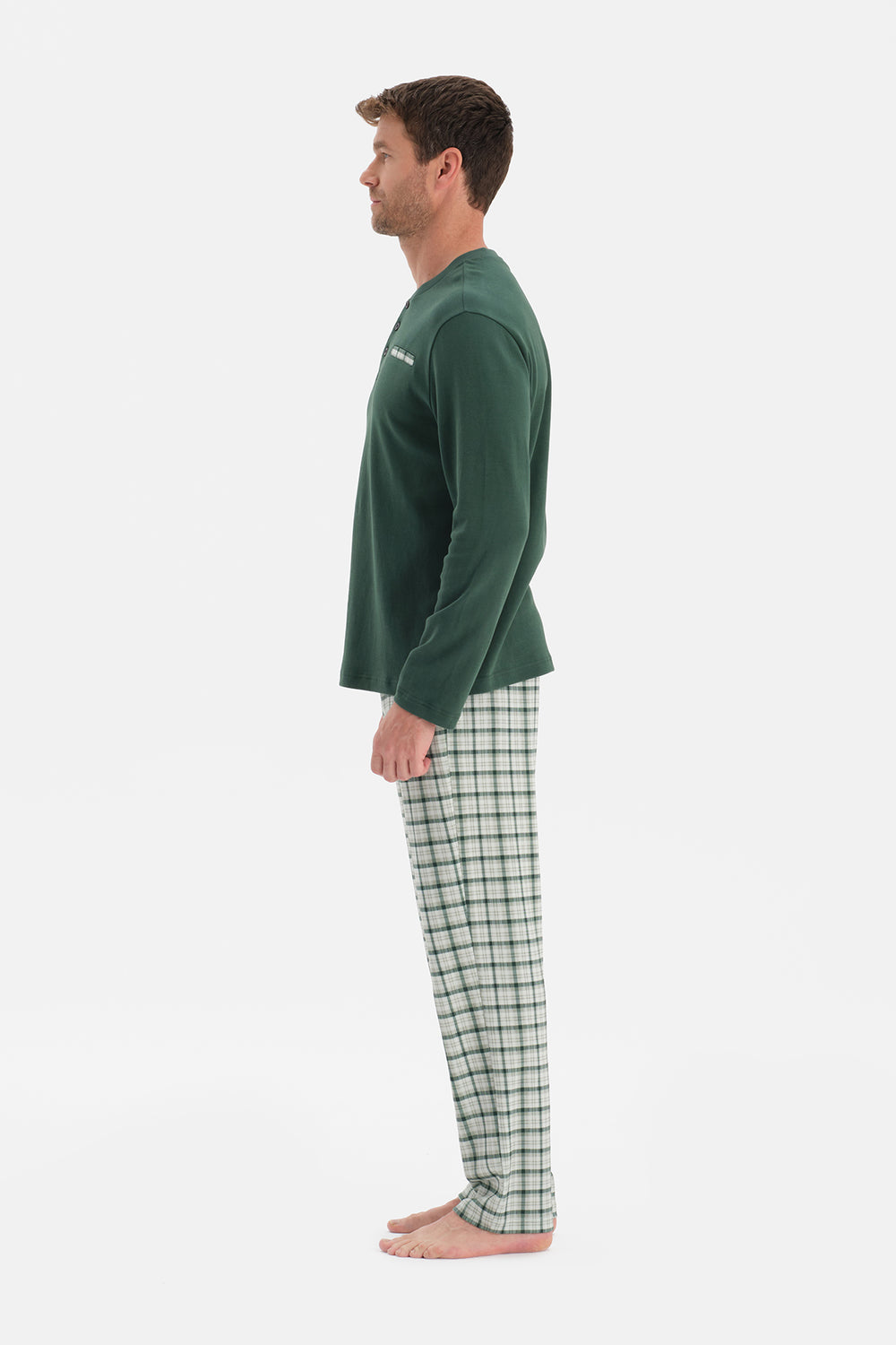 Koyu Yeşil Uzun Kollu Pat Ve Cep Detaylı Pijama Takım