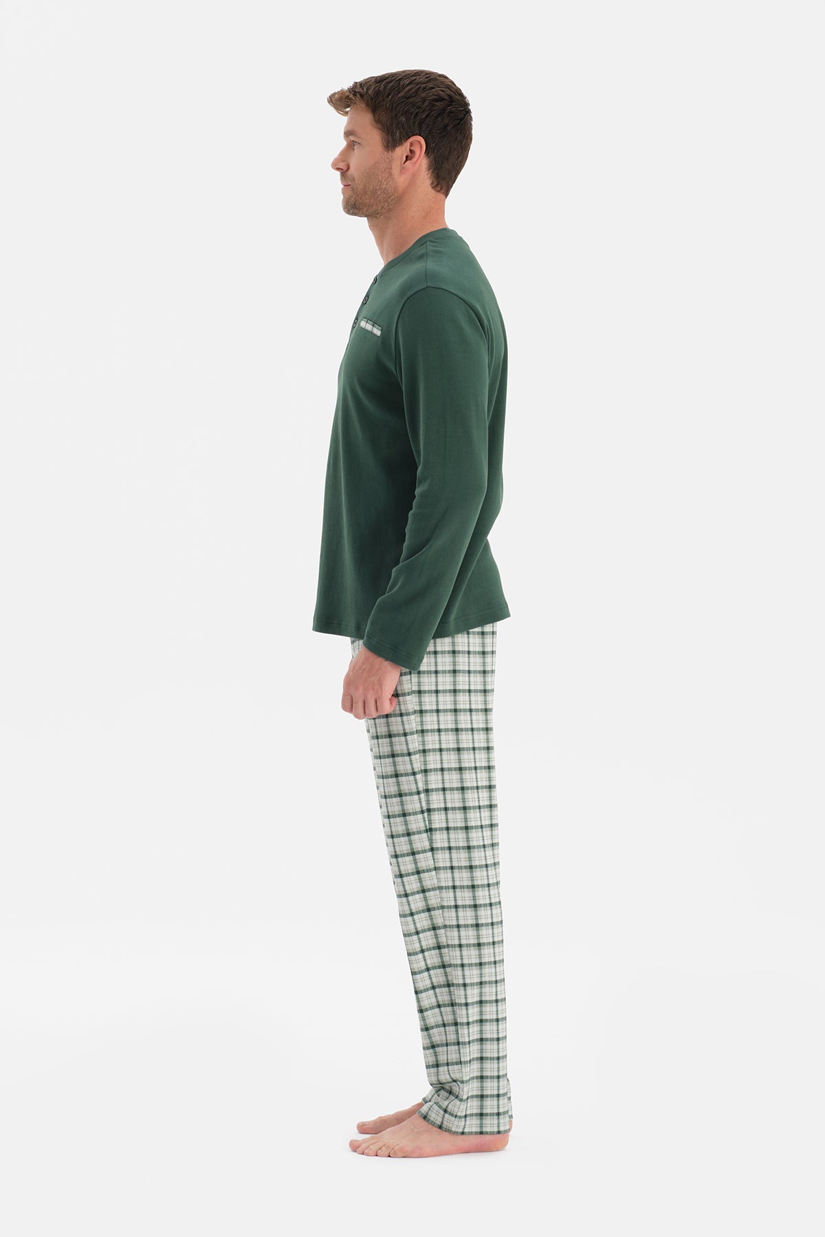 Koyu Yeşil Uzun Kollu Pat Ve Cep Detaylı Pijama Takım