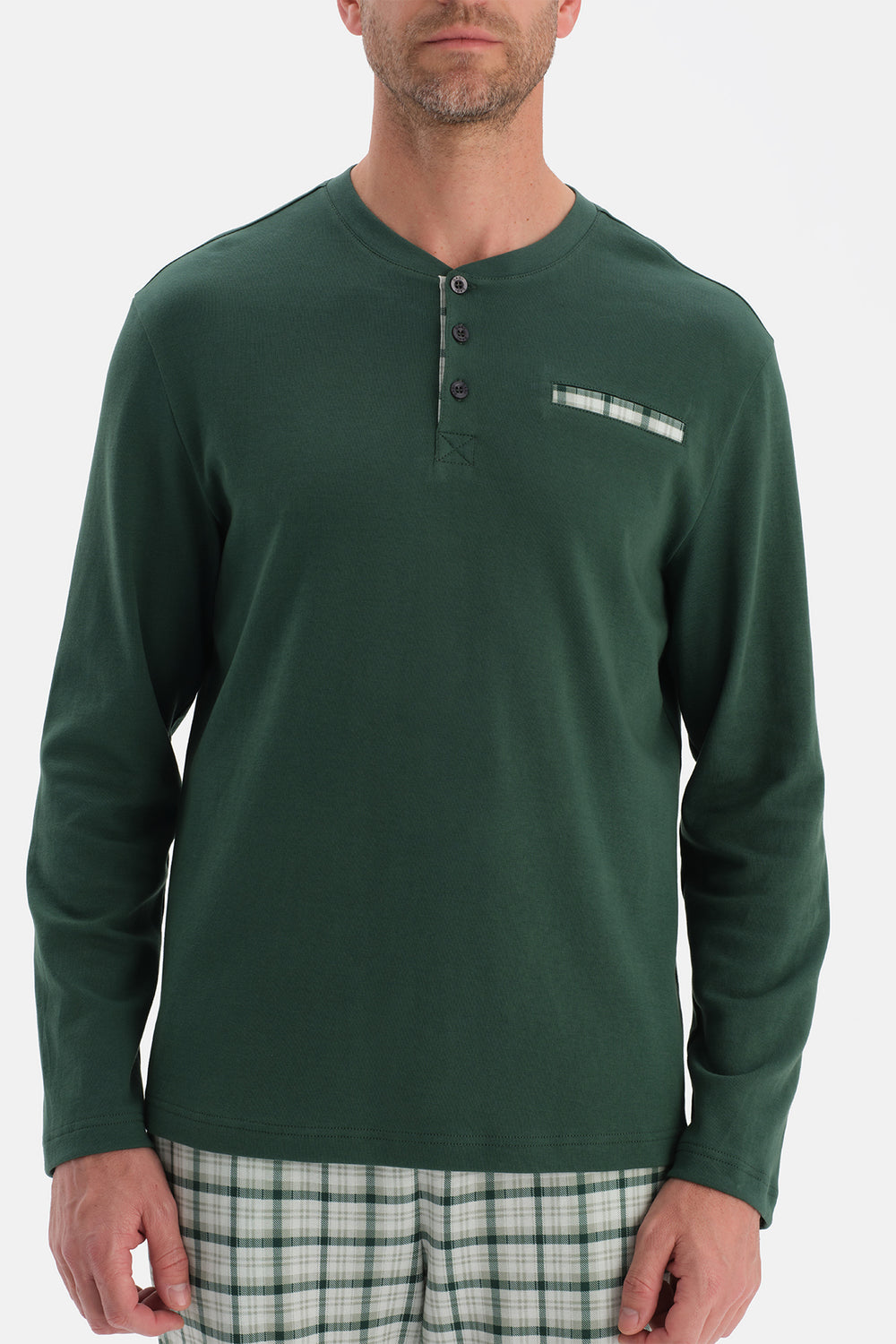 Koyu Yeşil Uzun Kollu Pat Ve Cep Detaylı Pijama Takım