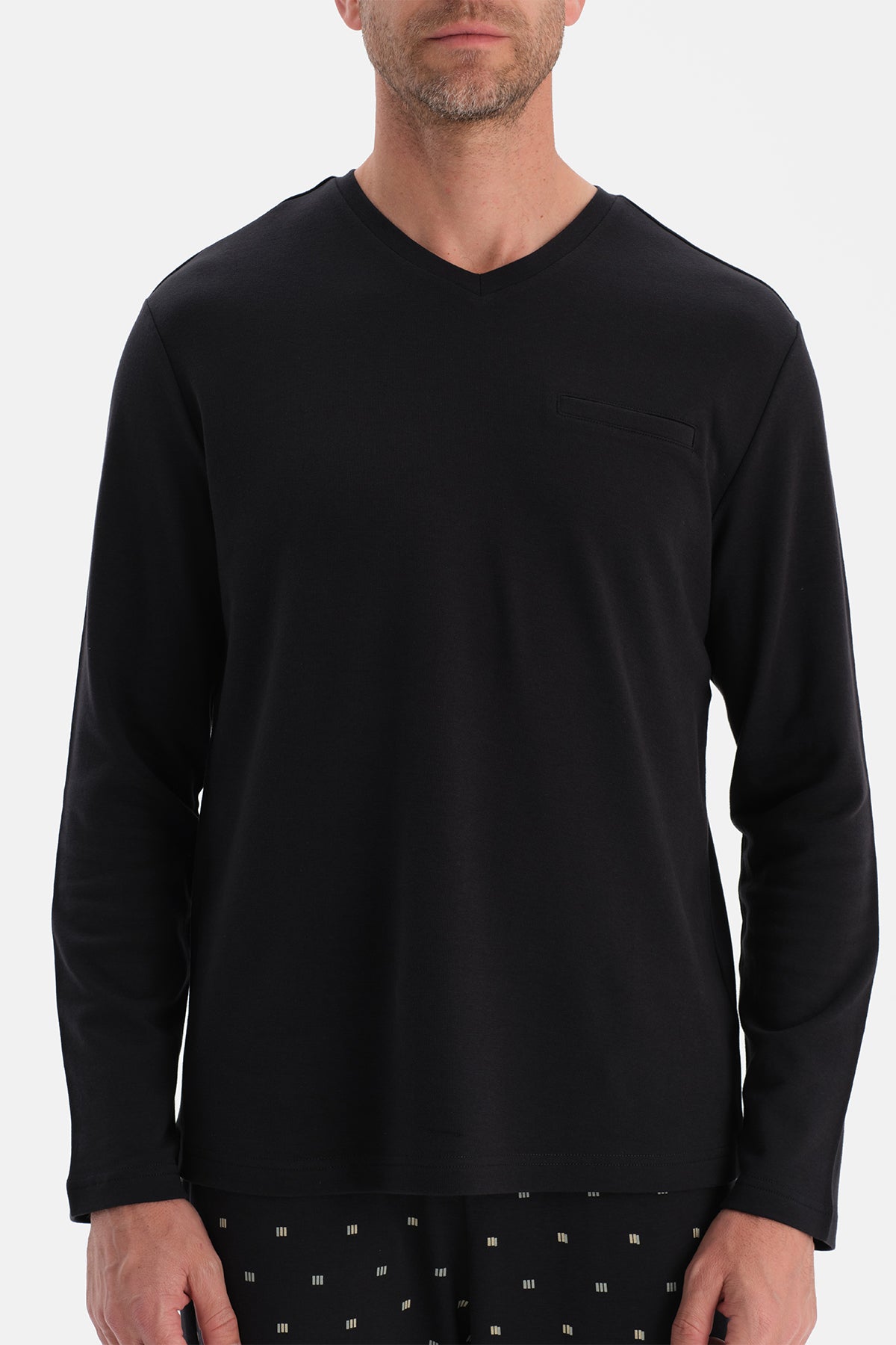 Siyah V Yaka Uzun Kollu Pijama Takım