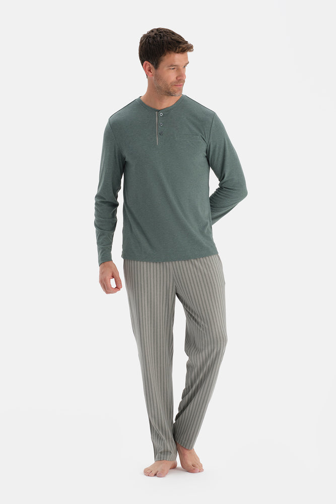 Mint Yeşili Uzun Kollu Pat Ve Cep Detaylı Pijama Takım