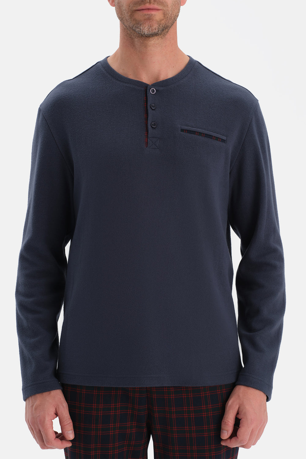 Lacivert Uzun Kollu Pat Ve Cep Detaylı Tişört Pantolon Takım