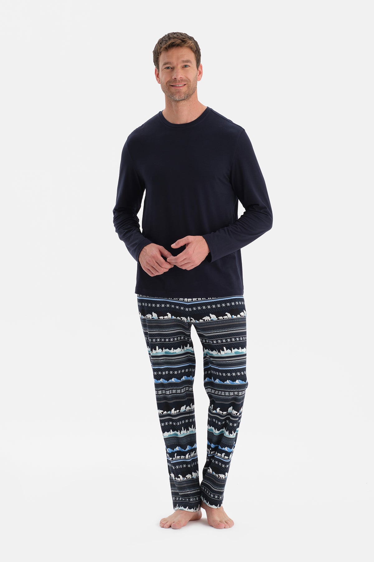 Lacivert Bisiklet Yaka Uzun Kollu Tişört Pantolon Takım