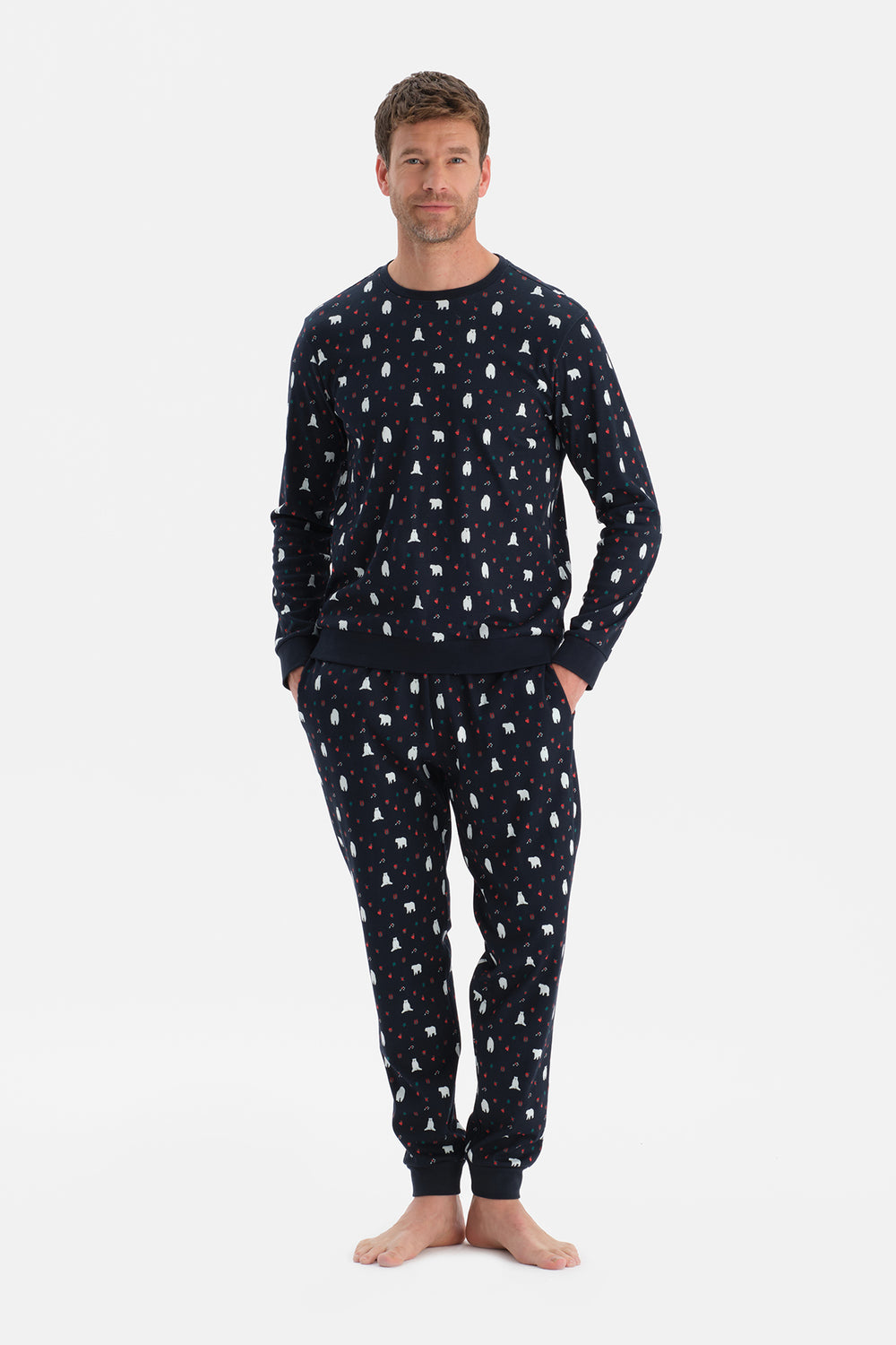 Lacivert Metraj Baskılı İnterlok Tişört Pantolon Takım