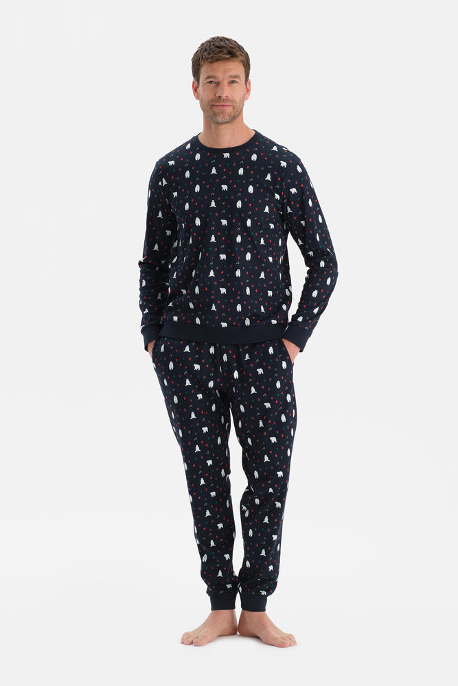 Lacivert Metraj Baskılı İnterlok Tişört Pantolon Takım