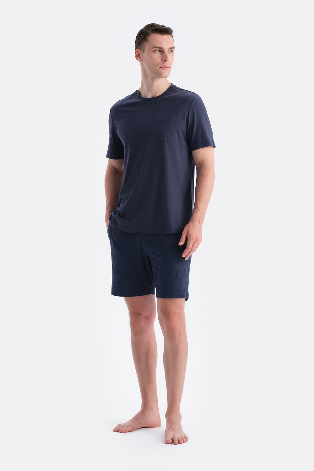 Lacivert Kısa Kollu Cepli Tişört Şort Takım