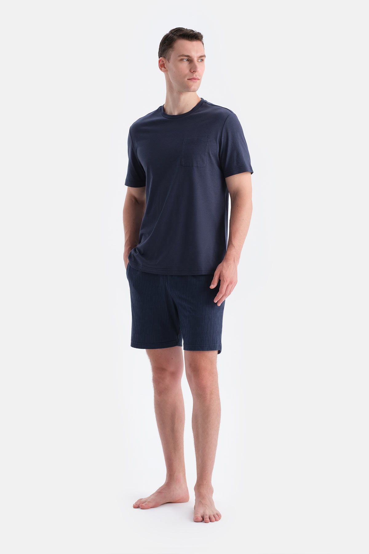 Lacivert Kısa Kollu Cepli Tişört Şort Takım