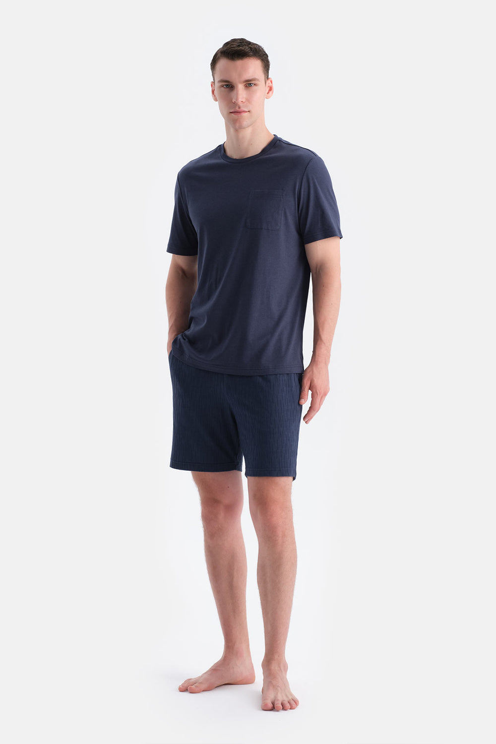 Lacivert Kısa Kollu Cepli Tişört Şort Takım
