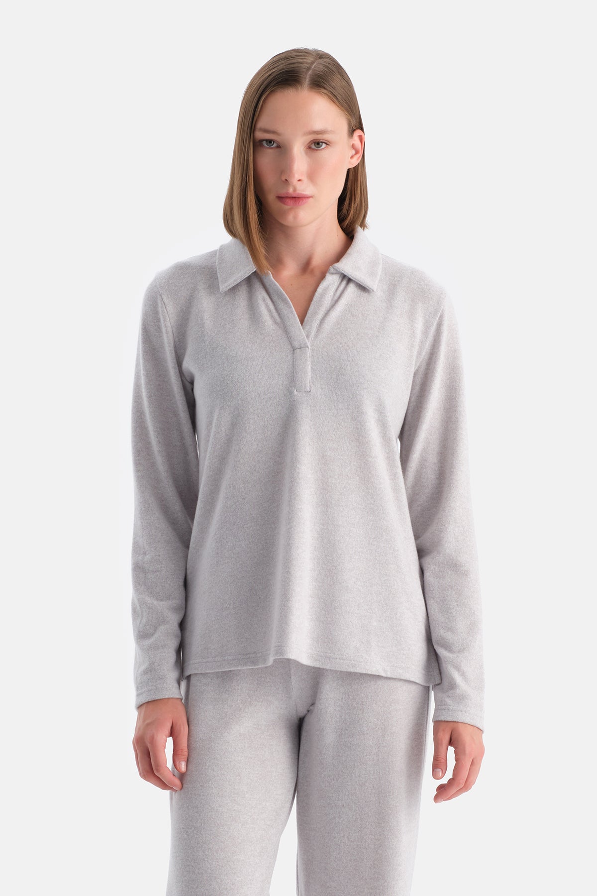 Gri Melanj Polo Yaka Uzun Kollu Basic Üst