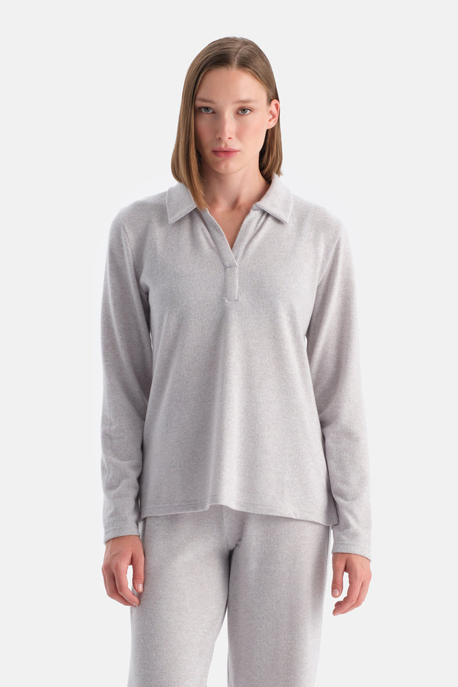 Gri Melanj Polo Yaka Uzun Kollu Basic Üst
